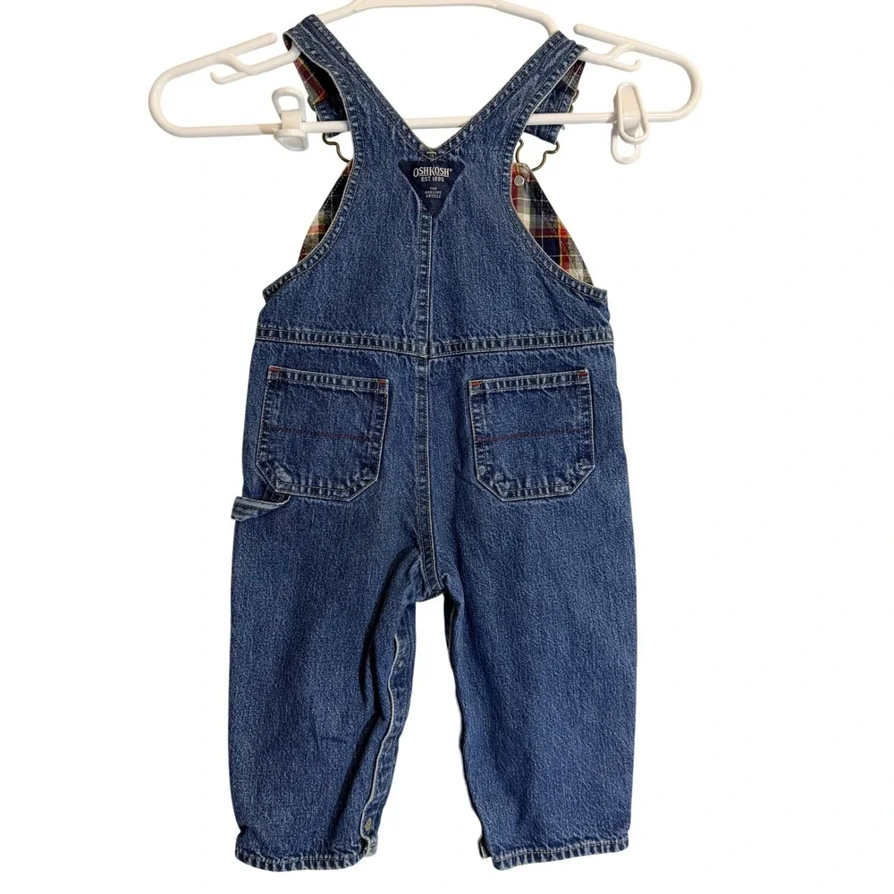 OshKosh Bgosh Baby Boys Plaid Flannel Lined Denim Overalls‎ Blue 12 Months